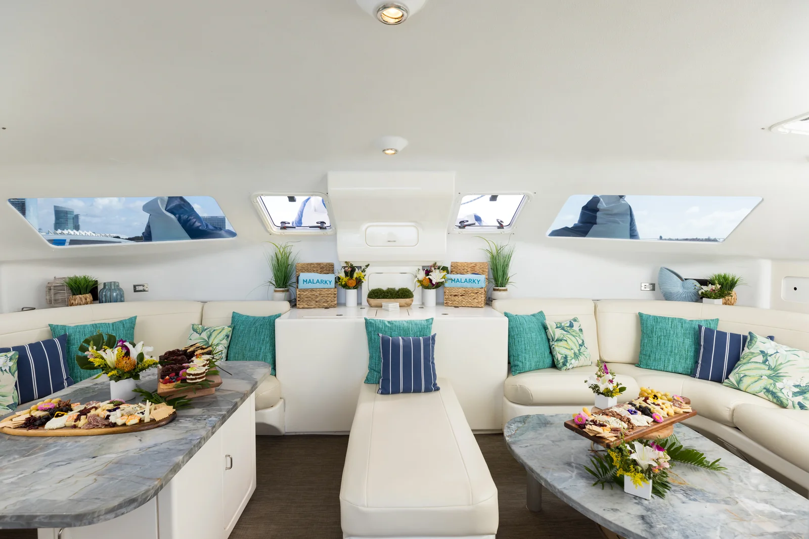 Indoor salon with charcuterie spread